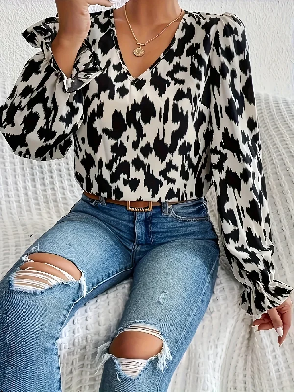 Closeout Deal Sixsr All Over Pint V Neck Blouse, Elegant Long Sleeve Ruffle Trim Blouse, Women's Clothing Closeout Deal Sixsr All Over Pint V Neck Blouse, Elegant Long Sleeve Ruffle Trim Blouse, Women's Clothing