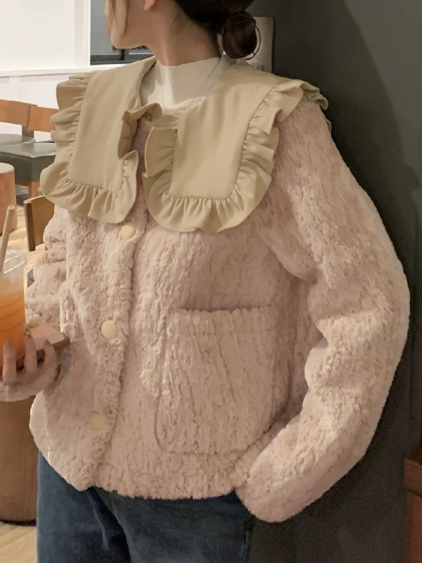 Lowest Price Sixsr Button Front Ruffle Trim Lapel Plush Coat, Long Sleeve Dual Pockets Outerwear For Fall & Winter, Women's Clothing