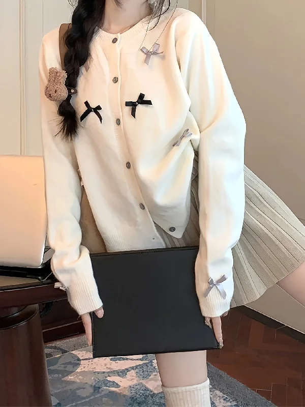Sale Event Sixsr Bow Decor Button Up Knit Cardigan, Casual Crew Neck Long Sleeve Sweater, Women's Clothing Sale Event Sixsr Bow Decor Button Up Knit Cardigan, Casual Crew Neck Long Sleeve Sweater, Women's Clothing