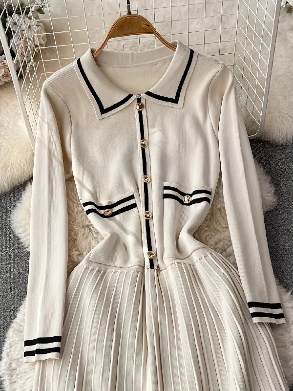 Fantastic Savings Sixsr Contrast Trim Button Front Knit Dress, Elegant Long Sleeve Dual Pockets Lapel Pleat Dress, Women's Clothing Fantastic Savings Sixsr Contrast Trim Button Front Knit Dress, Elegant Long Sleeve Dual Pockets Lapel Pleat Dress, Women's Clothing