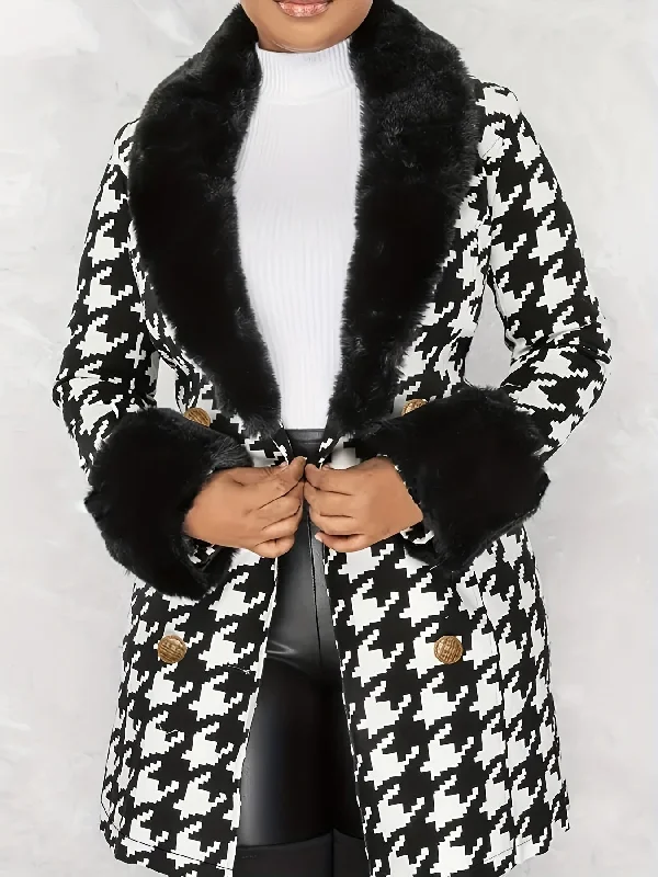 Massive Deal Sixsr Houndstooth Faux-Fur Trim Outwear, Elegant Double Breasted Long Sleeve Belted Coat For Winter, Women's Clothing Massive Deal Sixsr Houndstooth Faux-Fur Trim Outwear, Elegant Double Breasted Long Sleeve Belted Coat For Winter, Women's Clothing