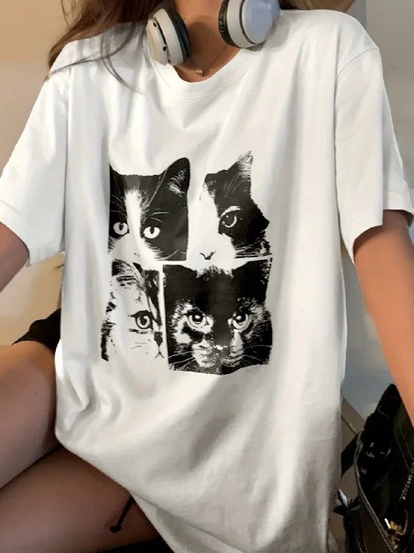 Weekend Offers That Delight Sixsr Cat Print Crew Neck T-Shirt, Y2K Short Sleeve T-Shirt For Spring & Summer, Women's Clothing Weekend Offers That Delight Sixsr Cat Print Crew Neck T-Shirt, Y2K Short Sleeve T-Shirt For Spring & Summer, Women's Clothing