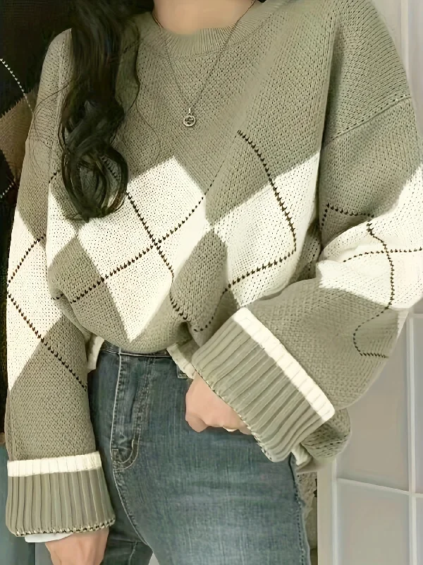 While Supplies Last Sixsr Argyle Pattern Crew Neck Pullover Sweater, Vintage Long Sleeve Loose Sweater, Women's Clothing While Supplies Last Sixsr Argyle Pattern Crew Neck Pullover Sweater, Vintage Long Sleeve Loose Sweater, Women's Clothing