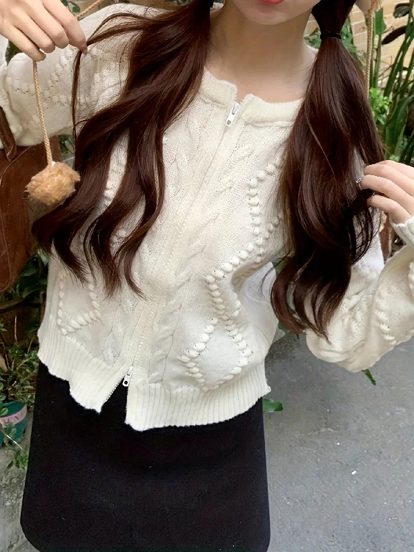 Best Choice Sixsr Solid Zip Up Cable Knit Cardigan, Casual Long Sleeve Sweater For Spring & Fall, Women's Clothing