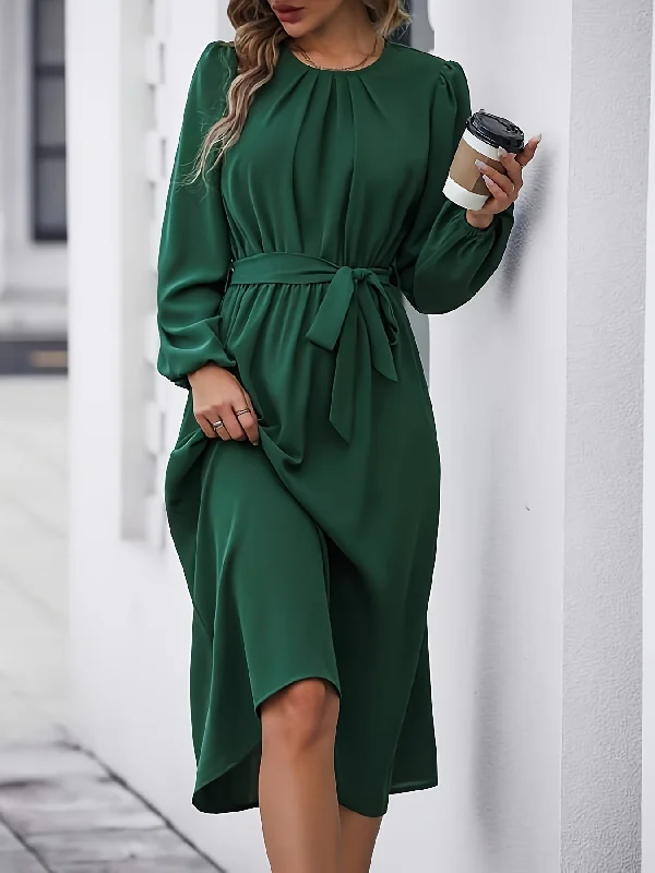 Year-End Sale Sixsr Solid Crew Neck Ruched Dress, Elegant Lantern Sleeve Belted Dress, Women's Clothing Year-End Sale Sixsr Solid Crew Neck Ruched Dress, Elegant Lantern Sleeve Belted Dress, Women's Clothing