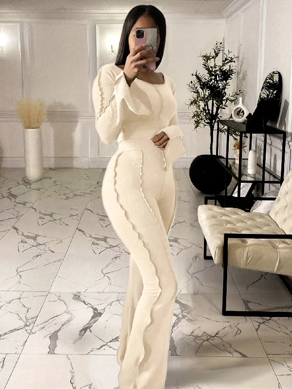 Instant Savings Sixsr Solid Rib Two-piece Set, Flared Sleeve Crew Neck Tops & High Waist Long Length Pants Outfits, Women's Clothing Instant Savings Sixsr Solid Rib Two-piece Set, Flared Sleeve Crew Neck Tops & High Waist Long Length Pants Outfits, Women's Clothing