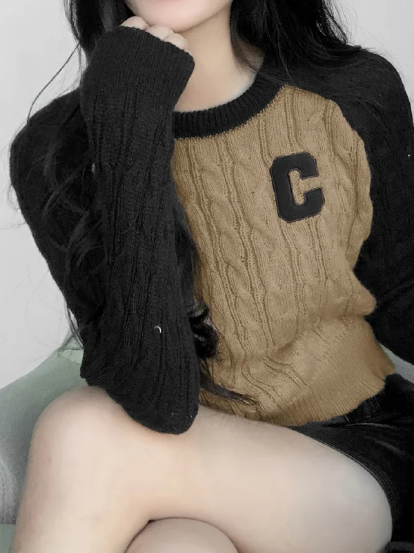 Act Now Sixsr Color Block Crew Neck Cable Knit Sweater, Casual Long Sleeve Pullover Sweater, Women's Clothing Act Now Sixsr Color Block Crew Neck Cable Knit Sweater, Casual Long Sleeve Pullover Sweater, Women's Clothing