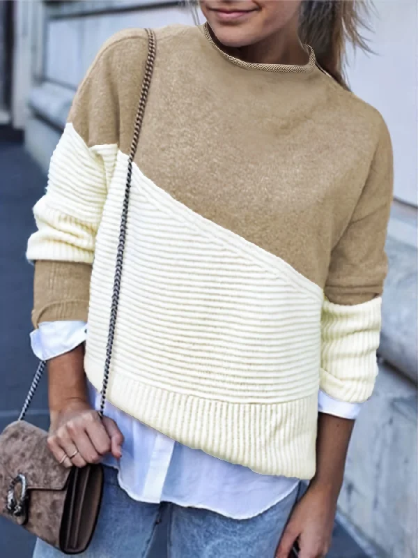 Weekend Discounts to Delight Sixsr Two-tone Mock Neck Pullover Sweater, Casual Long Sleeve Drop Shoulder Sweater, Women's Clothing Weekend Discounts to Delight Sixsr Two-tone Mock Neck Pullover Sweater, Casual Long Sleeve Drop Shoulder Sweater, Women's Clothing