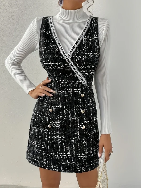 Weekend Offers That Delight Sixsr Plaid Print Surplice Neck Sleeveless Dress, Elegant Double Breasted Bodycon Dress, Women's Clothing Weekend Offers That Delight Sixsr Plaid Print Surplice Neck Sleeveless Dress, Elegant Double Breasted Bodycon Dress, Women's Clothing