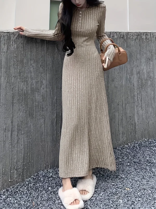 Sale Alert Sixsr Button Front Lapel Neck Ribbed Dress, Chic Solid Color Long Sleeve Dress For Fall & Winter, Women's Clothing