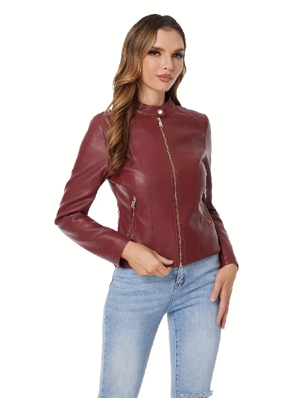 Super Bargain Sixsr Solid Faux Leather Zipper Jackets, Casual Long Sleeve Slant Pockets Moto Jacket For Fall & Winter, Women's Clothing Super Bargain Sixsr Solid Faux Leather Zipper Jackets, Casual Long Sleeve Slant Pockets Moto Jacket For Fall & Winter, Women's Clothing
