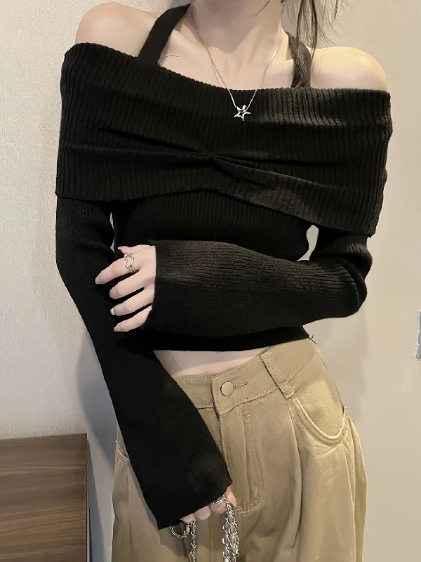 Unbeatable Deal Sixsr Solid Color Halter Neck Pullover Sweater, Casual Long Sleeve Off Shoulder Sweater For Fall & Winter, Women's Clothing Unbeatable Deal Sixsr Solid Color Halter Neck Pullover Sweater, Casual Long Sleeve Off Shoulder Sweater For Fall & Winter, Women's Clothing