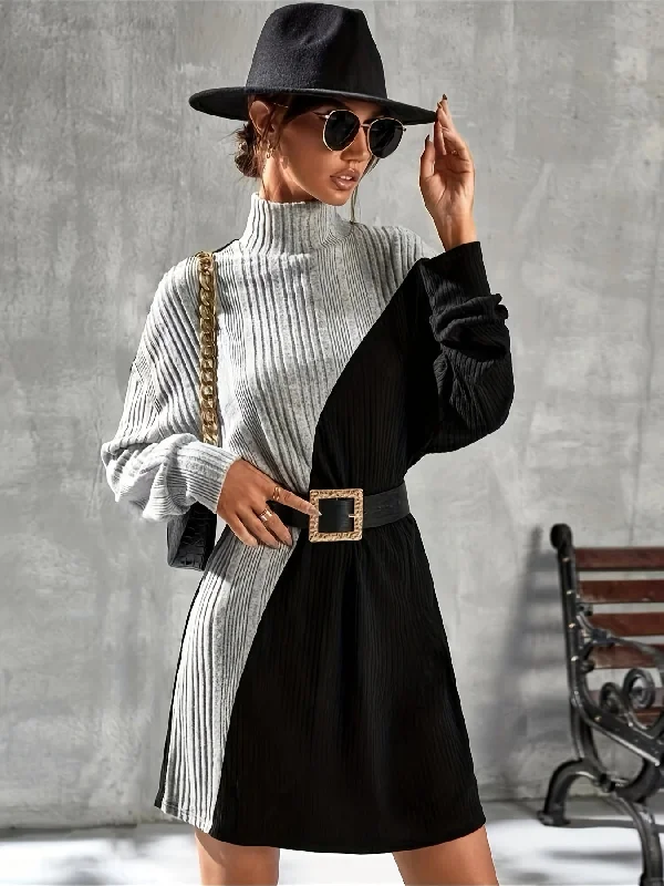 Weekend Bargains to Grab Sixsr Color Block Drop Shoulder Dress, Elegant High Neck Long Sleeve Dress, Women's Clothing Weekend Bargains to Grab Sixsr Color Block Drop Shoulder Dress, Elegant High Neck Long Sleeve Dress, Women's Clothing