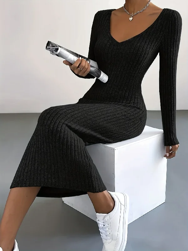Super Bargain Sixsr Solid Rib Knit Sweater Dress, Elegant V Neck Long Sleeve Midi Dress, Women's Clothing Super Bargain Sixsr Solid Rib Knit Sweater Dress, Elegant V Neck Long Sleeve Midi Dress, Women's Clothing