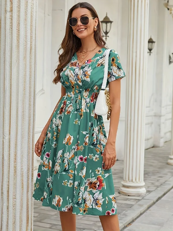 Deal Alert Sixsr Floral Print Shirred Waist Dress, Casual V Neck Short Sleeve Dress For Spring & Summer, Women's Clothing Deal Alert Sixsr Floral Print Shirred Waist Dress, Casual V Neck Short Sleeve Dress For Spring & Summer, Women's Clothing