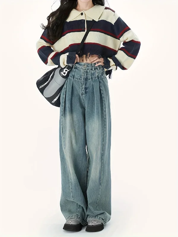 Weekend Specials to Enjoy Sixsr Y2K Striped Button Polo Collar Sweater, Raw Hem Long Sleeve Crop Loose Sweater, Women's Clothing Weekend Specials to Enjoy Sixsr Y2K Striped Button Polo Collar Sweater, Raw Hem Long Sleeve Crop Loose Sweater, Women's Clothing