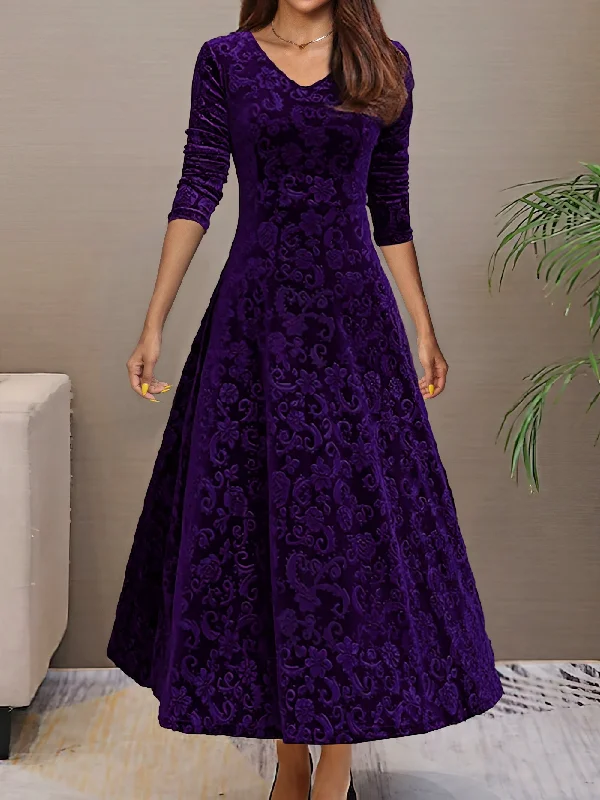 Bargain Alert Sixsr Solid Color Long Sleeve Dress, Elegant V Neck Flared Dress For Spring & Fall, Women's Clothing Bargain Alert Sixsr Solid Color Long Sleeve Dress, Elegant V Neck Flared Dress For Spring & Fall, Women's Clothing