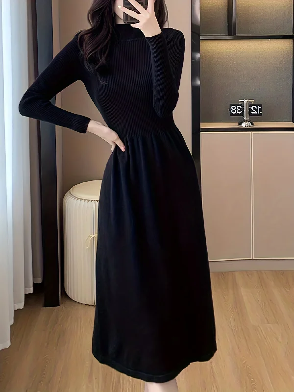 Quick Deals Sixsr Solid Long Sleeve Knit Dress, Elegant Mock Neck A-line Dress For Fall & Winter, Women's Clothing Quick Deals Sixsr Solid Long Sleeve Knit Dress, Elegant Mock Neck A-line Dress For Fall & Winter, Women's Clothing