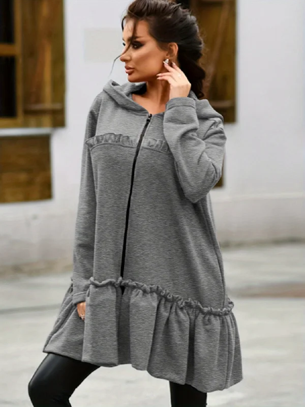 Clearance Sale Sixsr Flared Ruffle Trim Hoodies, Casual Zip Up Long Sleeve Solid Sweatshirt, Women's Clothing Clearance Sale Sixsr Flared Ruffle Trim Hoodies, Casual Zip Up Long Sleeve Solid Sweatshirt, Women's Clothing