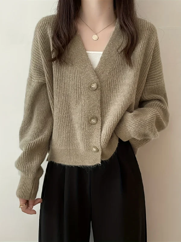 Midnight Madness Sixsr Solid Button Front Knit Cardigan, Casual V Neck Long Sleeve Sweater, Women's Clothing Midnight Madness Sixsr Solid Button Front Knit Cardigan, Casual V Neck Long Sleeve Sweater, Women's Clothing