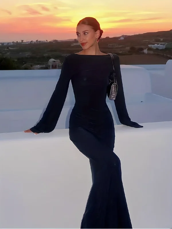 Now or Never Sixsr Backless Solid Dress, Sexy Boat Neck Long Sleeve Maxi Dress, Women's Clothing Now or Never Sixsr Backless Solid Dress, Sexy Boat Neck Long Sleeve Maxi Dress, Women's Clothing