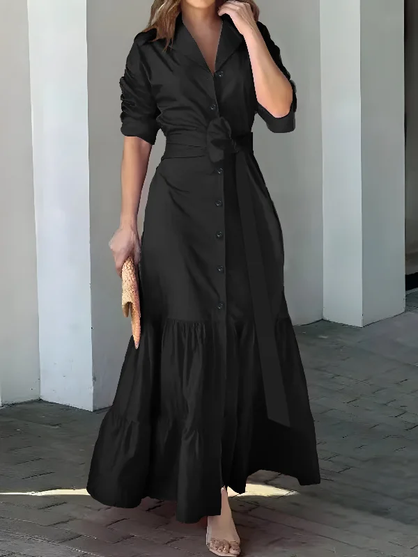 Unmissable Offer Sixsr Solid Button Front Belted Dress, Elegant Ruched Sleeve Ruffle Trim Maxi Dress, Women's Clothing Unmissable Offer Sixsr Solid Button Front Belted Dress, Elegant Ruched Sleeve Ruffle Trim Maxi Dress, Women's Clothing