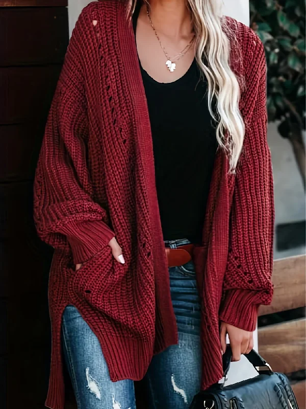 Weekend Deals to Make You Smile Sixsr Solid Open Front Hollow Knit Cardigan, Casual Long Sleeve Split Sweater Coat With Pocket, Women's Clothing Weekend Deals to Make You Smile Sixsr Solid Open Front Hollow Knit Cardigan, Casual Long Sleeve Split Sweater Coat With Pocket, Women's Clothing