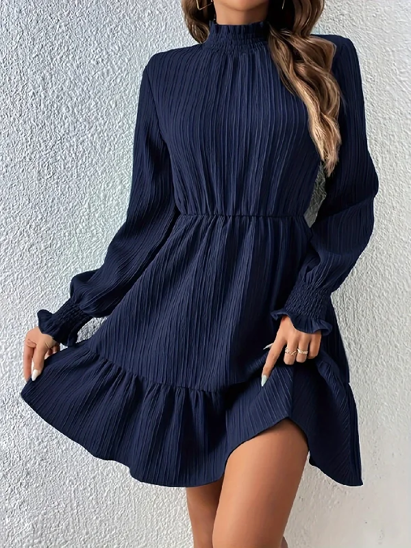 Weekend Wonders Await! Sixsr Ruffle Hem Textured Solid Dress, Elegant Mock Neck Long Sleeve Dress, Women's Clothing Weekend Wonders Await! Sixsr Ruffle Hem Textured Solid Dress, Elegant Mock Neck Long Sleeve Dress, Women's Clothing