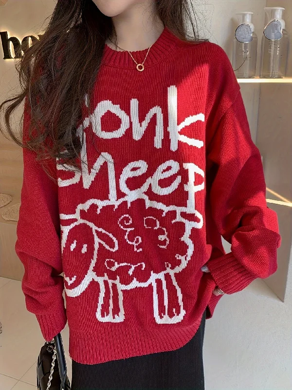 Big Savings Sixsr Sheep Pattern Crew Neck Pullover Sweater, Cute Long Sleeve Drop Shoulder Sweater, Women's Clothing Big Savings Sixsr Sheep Pattern Crew Neck Pullover Sweater, Cute Long Sleeve Drop Shoulder Sweater, Women's Clothing