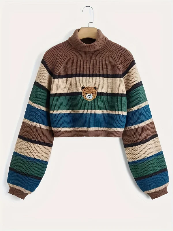 Great Bargain Sixsr Bear Pattern Striped Pullover Sweater, Cute Turtle Neck Long Sleeve Crop Sweater, Women's Clothing