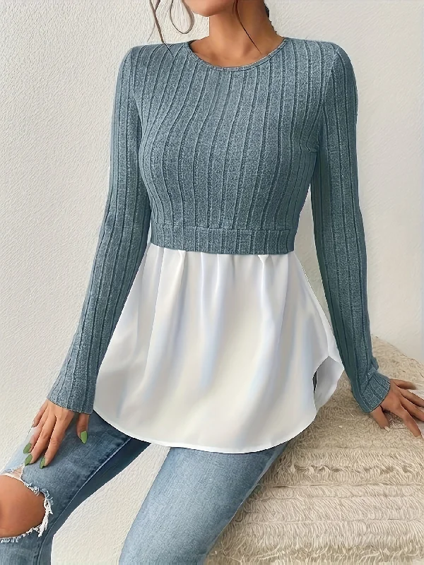Mega Sale Sixsr 2 In 1 Ribbed Paneled Crew Neck T-Shirt, Casual Long Sleeve Top For Spring & Fall, Women's Clothing Mega Sale Sixsr 2 In 1 Ribbed Paneled Crew Neck T-Shirt, Casual Long Sleeve Top For Spring & Fall, Women's Clothing