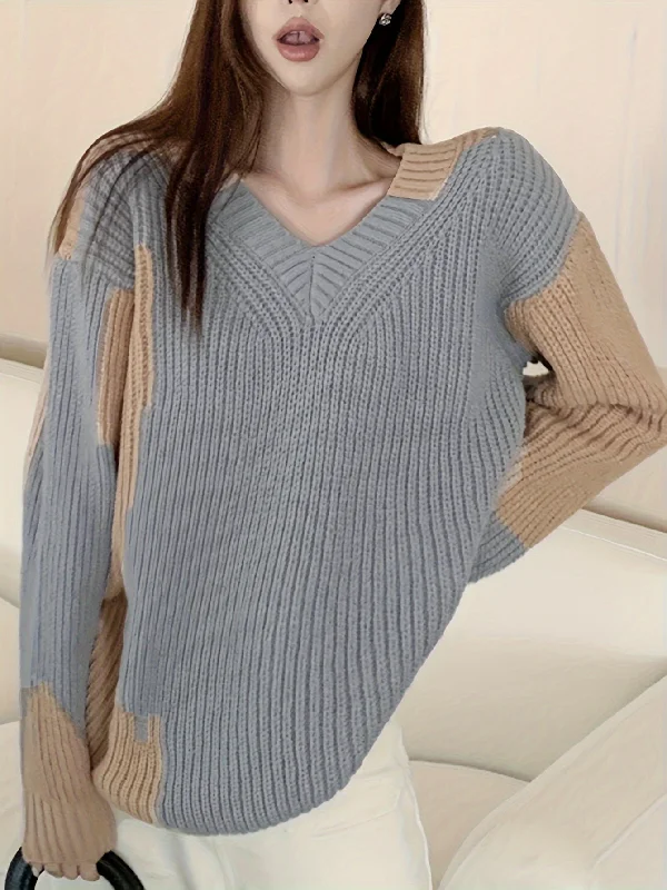 Fantastic Savings Sixsr Color Block Knitted Pullover Sweater, Casual Long Sleeve Sweater For Fall & Winter, Women's Clothing