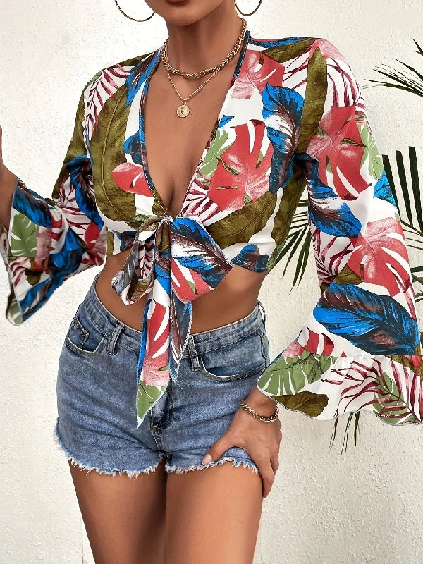 Unbeatable Deal Sixsr Botanical Print Deep V Crop Top, Casual Colorblock Front Tie Ruffles Sleeve Blouse, Women's Clothing Unbeatable Deal Sixsr Botanical Print Deep V Crop Top, Casual Colorblock Front Tie Ruffles Sleeve Blouse, Women's Clothing