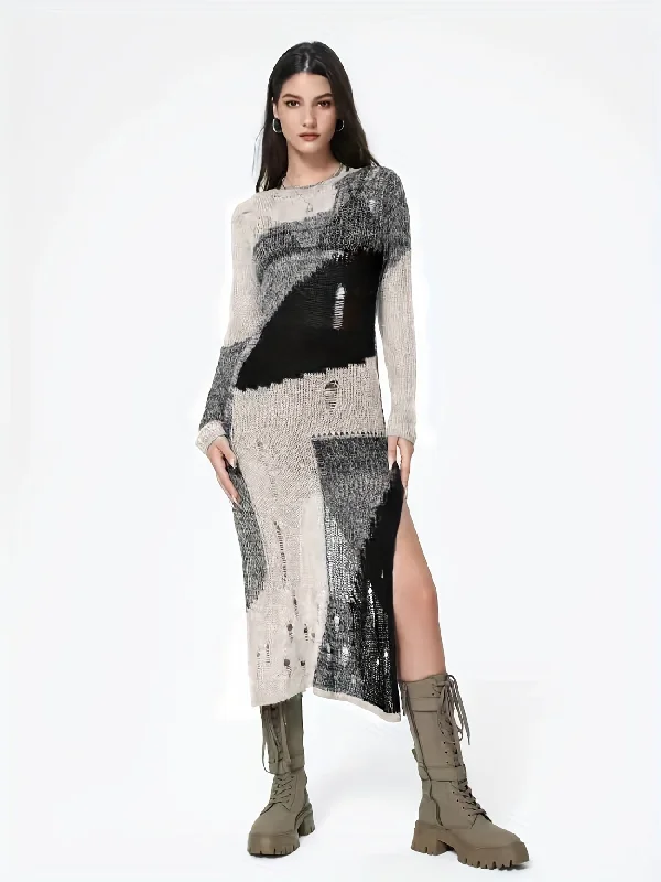 Weekend Deals That Impress Sixsr Color Block Ripped Dress, Sexy Split Crew Neck Long Sleeve Dress, Women's Clothing Weekend Deals That Impress Sixsr Color Block Ripped Dress, Sexy Split Crew Neck Long Sleeve Dress, Women's Clothing