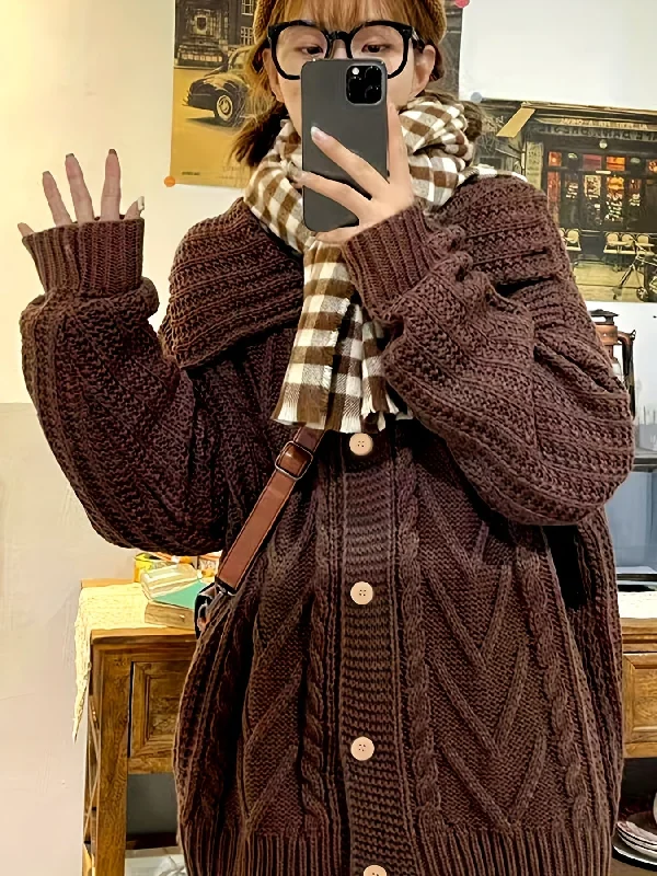 Weekend Savings Bonanza Sixsr Lapel Neck Drop Shoulder Cardigan, Vintage Long Sleeve Cardigan For Fall & Winter, Women's Clothing Weekend Savings Bonanza Sixsr Lapel Neck Drop Shoulder Cardigan, Vintage Long Sleeve Cardigan For Fall & Winter, Women's Clothing