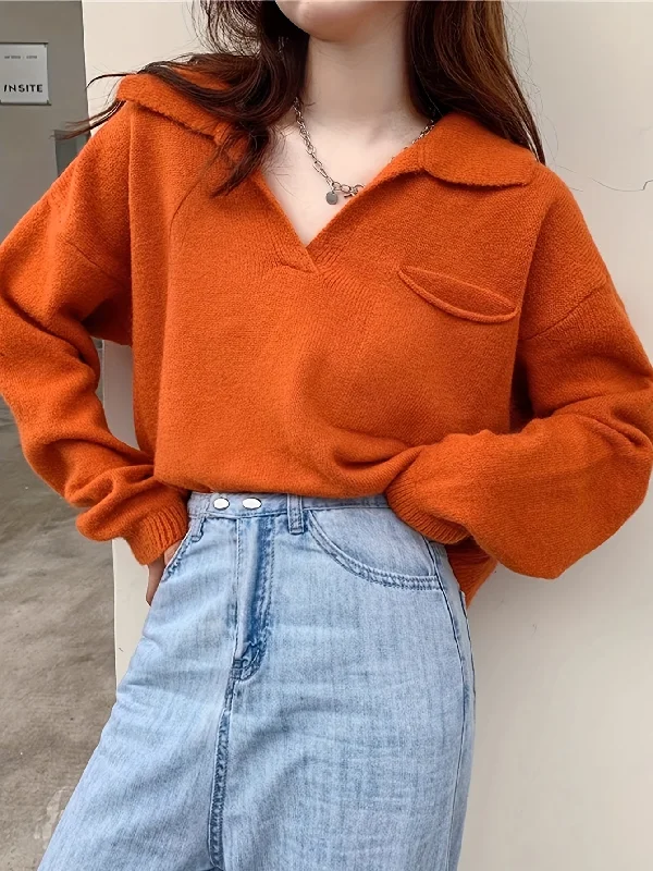 Hot Buy Sixsr Solid Notched Collar Pocket Sweater, Casual Long Sleeve Drop Shoulder Sweater, Women's Clothing Hot Buy Sixsr Solid Notched Collar Pocket Sweater, Casual Long Sleeve Drop Shoulder Sweater, Women's Clothing