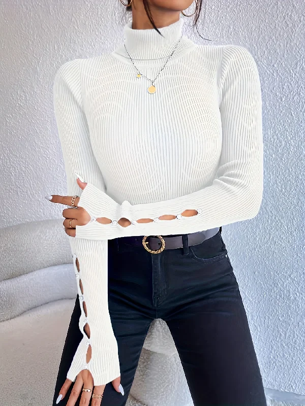 Extra Discount Sixsr Beaded Cut Out Turtle Neck Pullover Sweater, Elegant Long Sleeve Slim Rib Knit Sweater, Women's Clothing Extra Discount Sixsr Beaded Cut Out Turtle Neck Pullover Sweater, Elegant Long Sleeve Slim Rib Knit Sweater, Women's Clothing