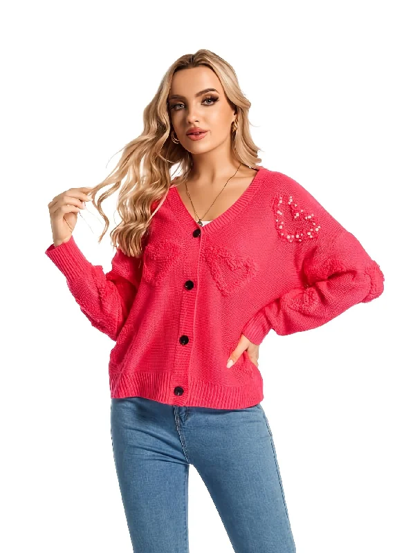 Celebrate the Weekend with Discounts Sixsr Beaded Heart Pattern Knit Cardigan, Casual Button Down Long Sleeve Sweater, Women's Clothing Celebrate the Weekend with Discounts Sixsr Beaded Heart Pattern Knit Cardigan, Casual Button Down Long Sleeve Sweater, Women's Clothing