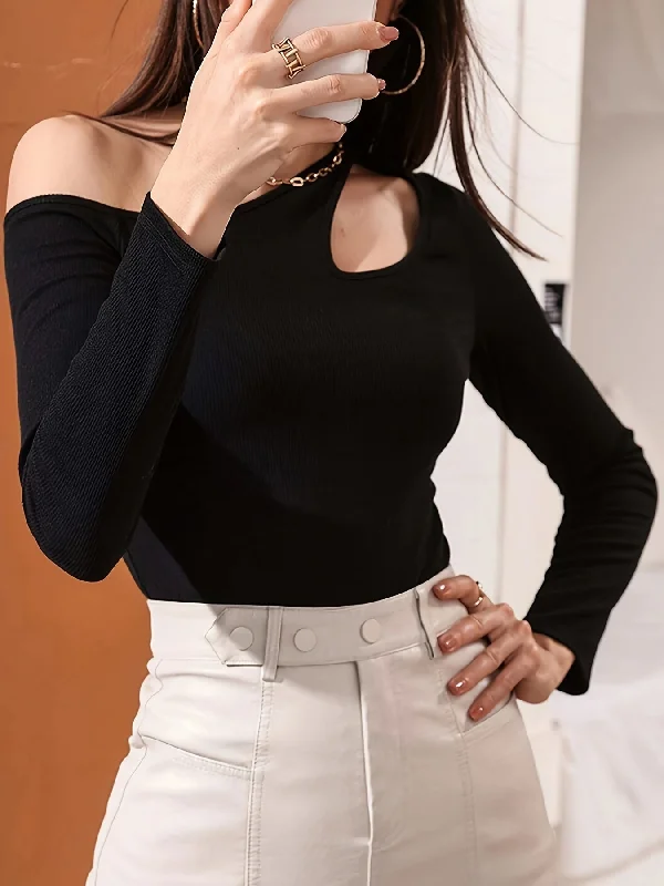 Act Now Sixsr Cutout Solid Cold Shoulder T-Shirt, Casual Long Sleeve Top For Spring & Fall, Women's Clothing Act Now Sixsr Cutout Solid Cold Shoulder T-Shirt, Casual Long Sleeve Top For Spring & Fall, Women's Clothing