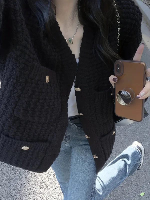 Weekend Bargains Await You Sixsr Solid Button Down Chunky Knit Cardigan, Vintage Long Sleeve Sweater Coat With Pocket, Women's Clothing Weekend Bargains Await You Sixsr Solid Button Down Chunky Knit Cardigan, Vintage Long Sleeve Sweater Coat With Pocket, Women's Clothing
