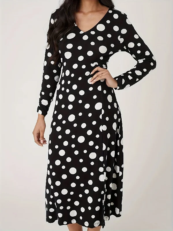 Weekend Discounts to Relish Sixsr Polka Dot Print Long Sleeve Dress, Casual V Neck Split Hem Dress For Spring & Fall, Women's Clothing Weekend Discounts to Relish Sixsr Polka Dot Print Long Sleeve Dress, Casual V Neck Split Hem Dress For Spring & Fall, Women's Clothing