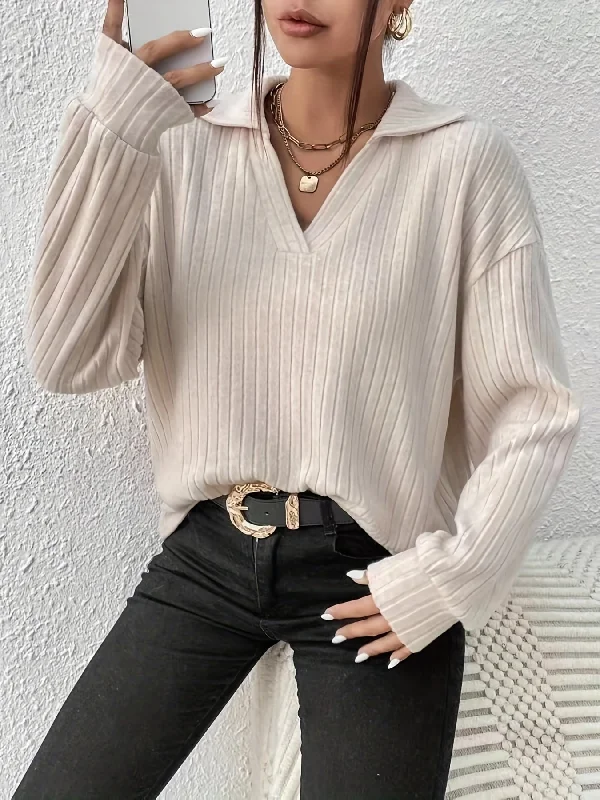 Weekend Discounts Worth Grabbing Sixsr Solid Polo Neck Loose T-shirt, Casual Drop Shoulder Simple Long Sleeve T-shirt, Women's Clothing Weekend Discounts Worth Grabbing Sixsr Solid Polo Neck Loose T-shirt, Casual Drop Shoulder Simple Long Sleeve T-shirt, Women's Clothing