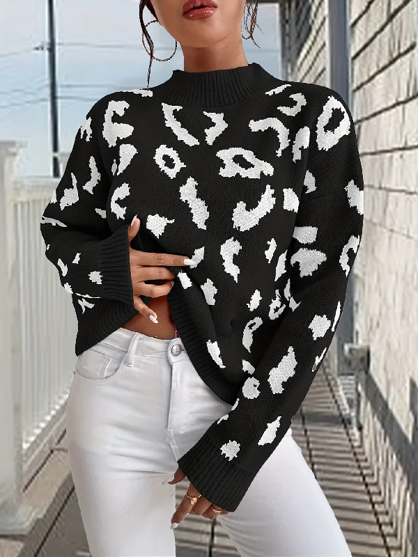 Weekend Bargains to Savor Sixsr Graphic Pattern Mock Neck Pullover Sweater, Casual Long Sleeve Sweater, Women's Clothing Weekend Bargains to Savor Sixsr Graphic Pattern Mock Neck Pullover Sweater, Casual Long Sleeve Sweater, Women's Clothing
