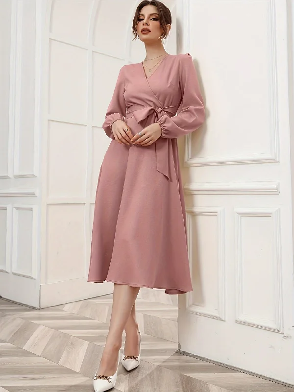 Weekend Specials to Relish Sixsr Solid Surplice Neck Dress, Elegant Long Sleeve Belted Dress, Women's Clothing Weekend Specials to Relish Sixsr Solid Surplice Neck Dress, Elegant Long Sleeve Belted Dress, Women's Clothing