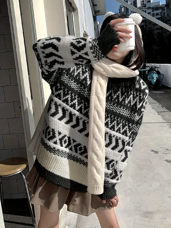 Year-End Sale Sixsr Geo Pattern Crew Neck Pullover Sweater, Casual Long Sleeve Loose Thick Sweater, Women's Clothing Year-End Sale Sixsr Geo Pattern Crew Neck Pullover Sweater, Casual Long Sleeve Loose Thick Sweater, Women's Clothing