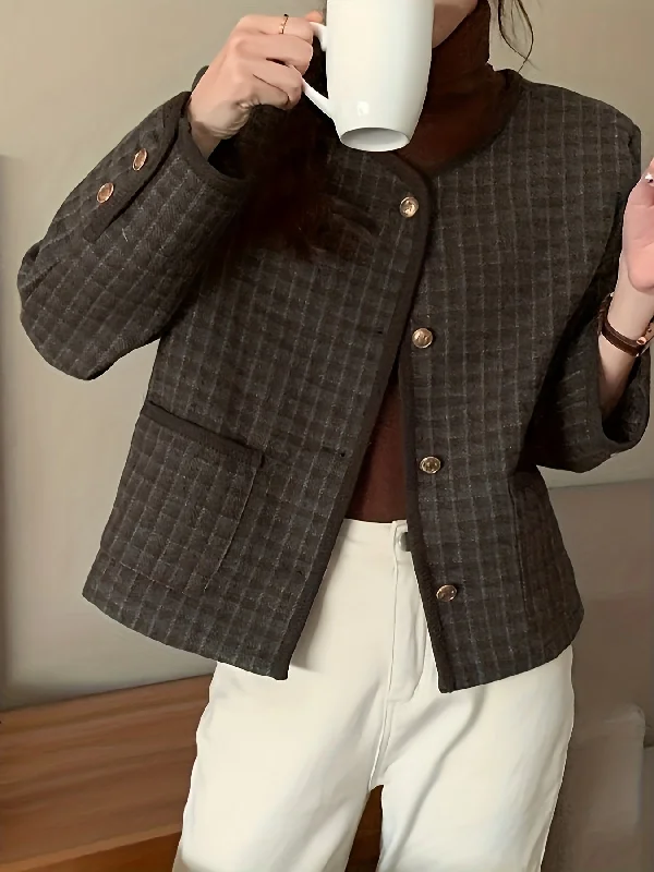 Weekend Specials to Delight Sixsr Plaid Pattern Simple Coat, Vintage Button Front Long Sleeve Outerwear, Women's Clothing Weekend Specials to Delight Sixsr Plaid Pattern Simple Coat, Vintage Button Front Long Sleeve Outerwear, Women's Clothing