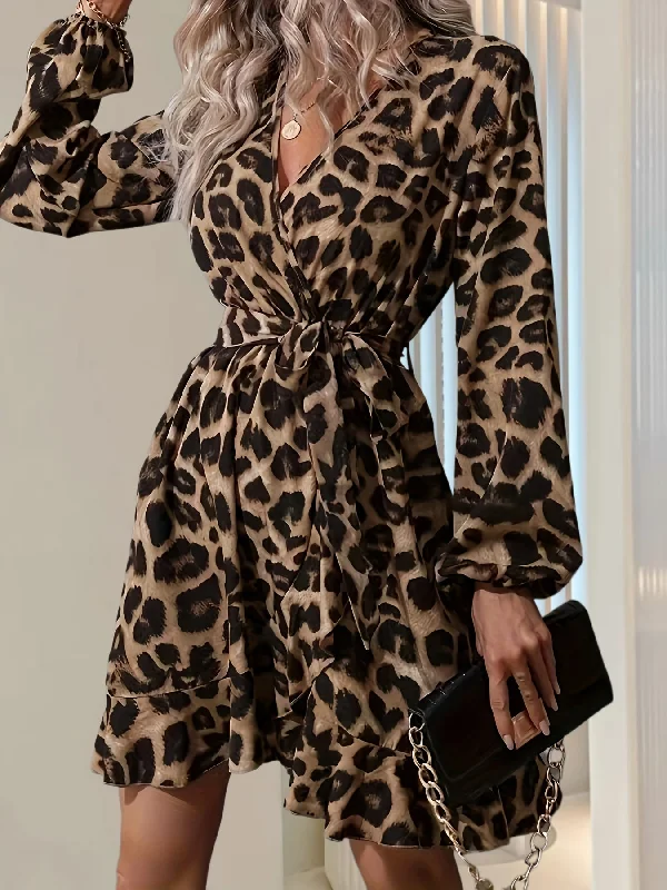 Exclusive Weekend Offers Inside Sixsr Leopard Print V-neck Belted Dress, Elegant Lantern Sleeve Ruffle Hem Dress For Spring & Fall, Women's Clothing