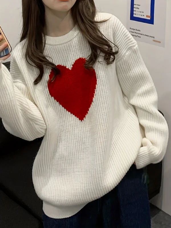 Weekend-Only Price Drops Sixsr Heart Pattern Crew Neck Pullover Sweater, Casual Long Sleeve Drop Shoulder Sweater, Women's Clothing Weekend-Only Price Drops Sixsr Heart Pattern Crew Neck Pullover Sweater, Casual Long Sleeve Drop Shoulder Sweater, Women's Clothing