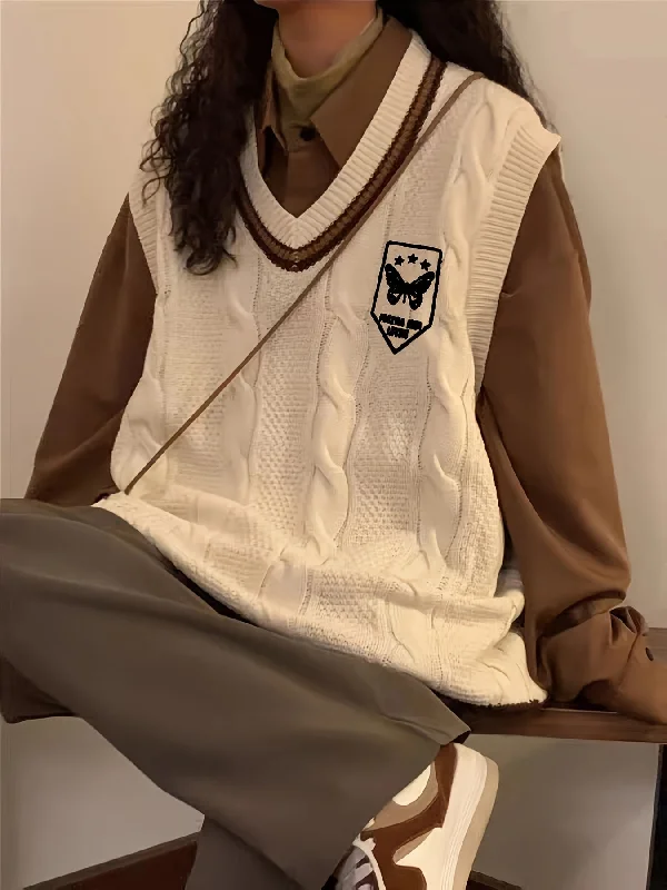 Epic Value Sixsr Preppy Style V Neck Cable Knit Vest, Casual Sleeveless Loose Sweater Vest, Women's Clothing Epic Value Sixsr Preppy Style V Neck Cable Knit Vest, Casual Sleeveless Loose Sweater Vest, Women's Clothing