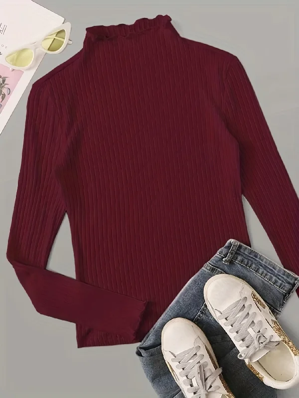 Reduced Price Sixsr Solid Ribbed Mock Neck T-Shirt, Casual Long Sleeve Top For Spring & Fall, Women's Clothing Reduced Price Sixsr Solid Ribbed Mock Neck T-Shirt, Casual Long Sleeve Top For Spring & Fall, Women's Clothing